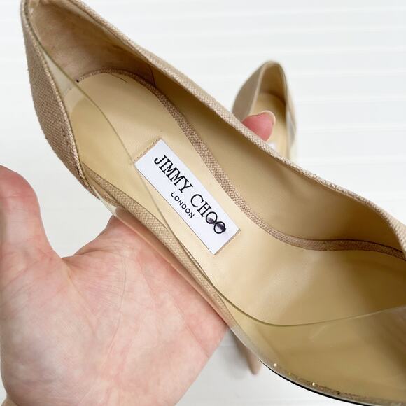 Jimmy Choo Cass Pumps 37 Tan Linen Clear Vinyl Stiletto Heels Wedding Bridal - Picture 11 of 12
